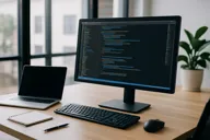 Image of a laptop and a monitor on a desk showing code
