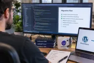 Image of a developer at a desk looking at a computer monitor and migration plan