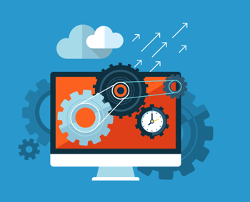 Umbraco Development Illustration of Umbraco development with gears, server monitor, and cloud integration