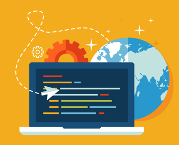 Web Development Illustration of web development with code on laptop screen, globe, and gears