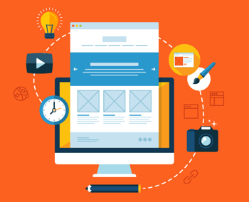 Web Design Illustration of web design process with monitor, layout wireframes, and creative tools