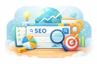 An illustration of SEO services with charts, a magnifying glass and a target